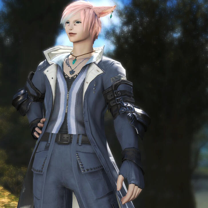 Reven’li the miqo’te, a moon miqo with cotton candy pink and blue hair (for now). He has rich blue eyes and a smirk on his face. The rakish short king is dressed in fashionable adventuring clothes that would also fit well in any pub or club.