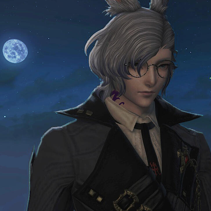 Orion the Viera, a white haired bun with blue tips to his hair (currently), stands against a night sky with a full moon above. He’s wearing reading glasses and a scholar’s robes.